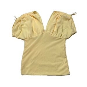 Butter Yellow Womens Small Baby‎ Doll Long Sleeve Ribbed Top Coquette Fairy Y2K